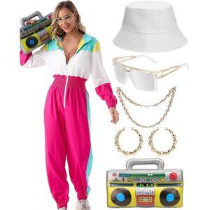 Neon 80s 90s Jumpsuit Outfit Tracksuit Halloween Costume Party Accessories SMALL